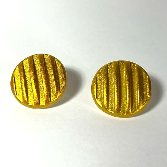 Gold Painted Earrings, Vintage Round 1 1/4" inches Deep Ridges Plastic Pierced - Picture 1 of 6